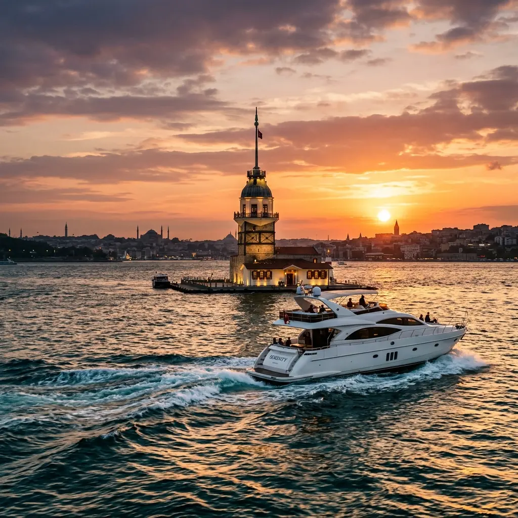 Lüks yat ve Kız Kulesi manzarası